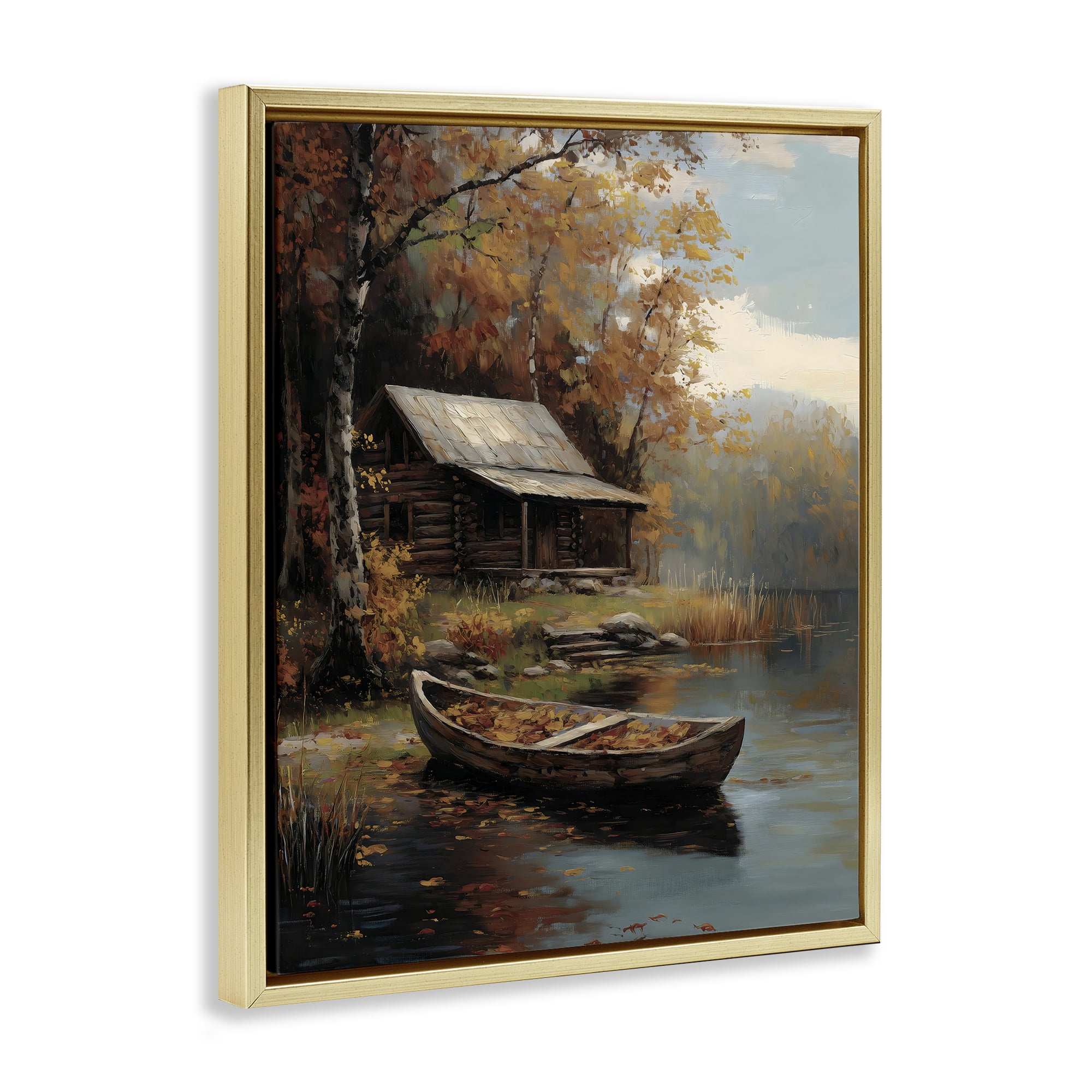 Autumn Cabin Canoe with Leaves Gold Framed Floater Canvas Wall Art, design by Arlington Prints