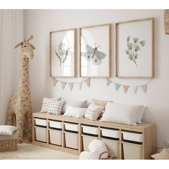 UNFFRAMED Luvia Boho Butterfly Nursery Wall Art Set of 3– Sage Green Floral Prints, Neutral Baby Room Decor Set 3 Prints 8x12