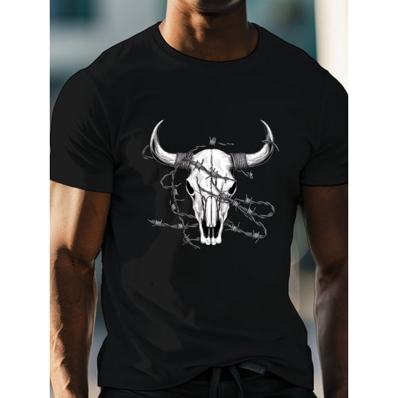 Men's Bull Skull Graphic T-Shirt - Casual Crew Neck Tee for Summer