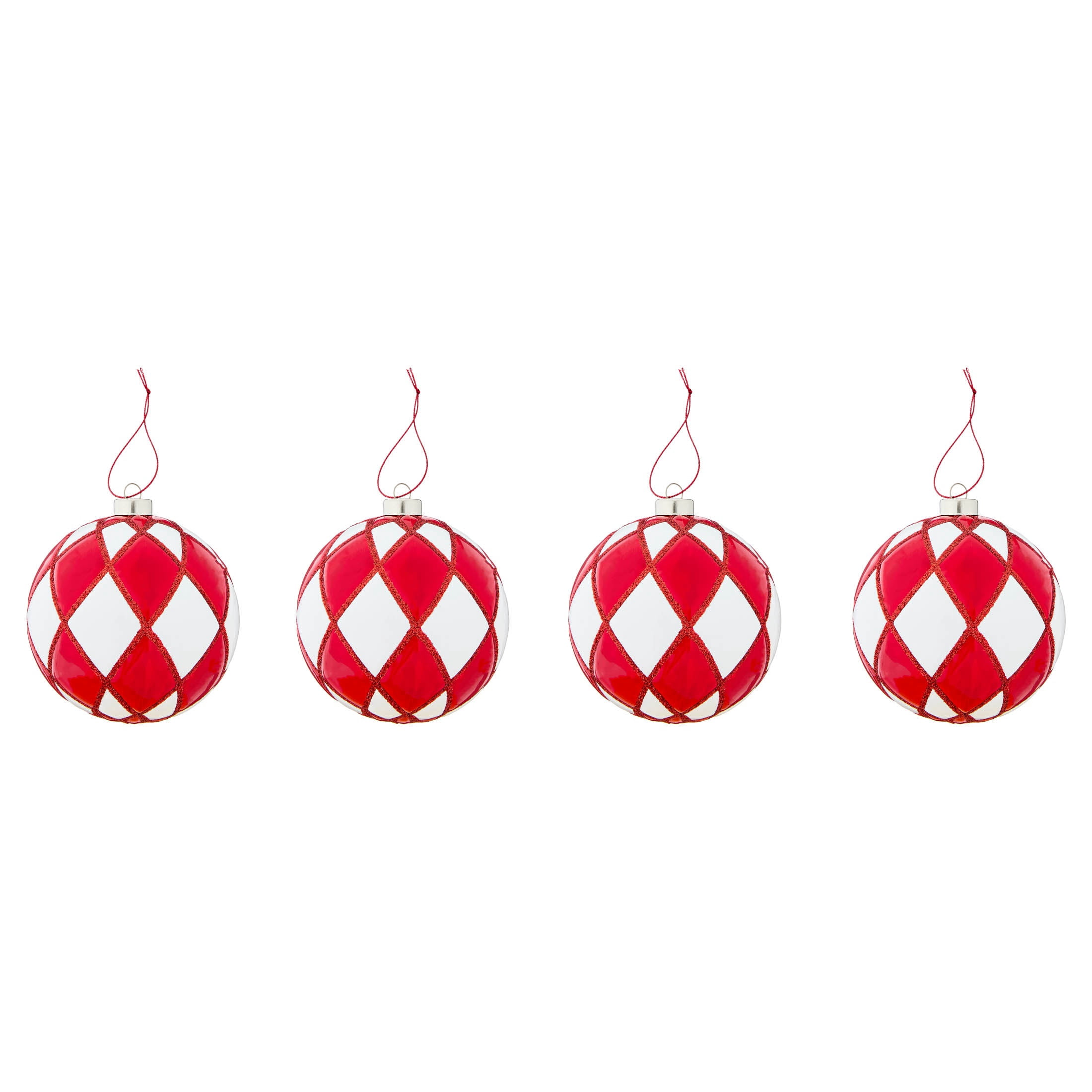 4-Count Red and White Diamond Ball Shatterproof Christmas Ornaments, 4.5", by Holiday Time