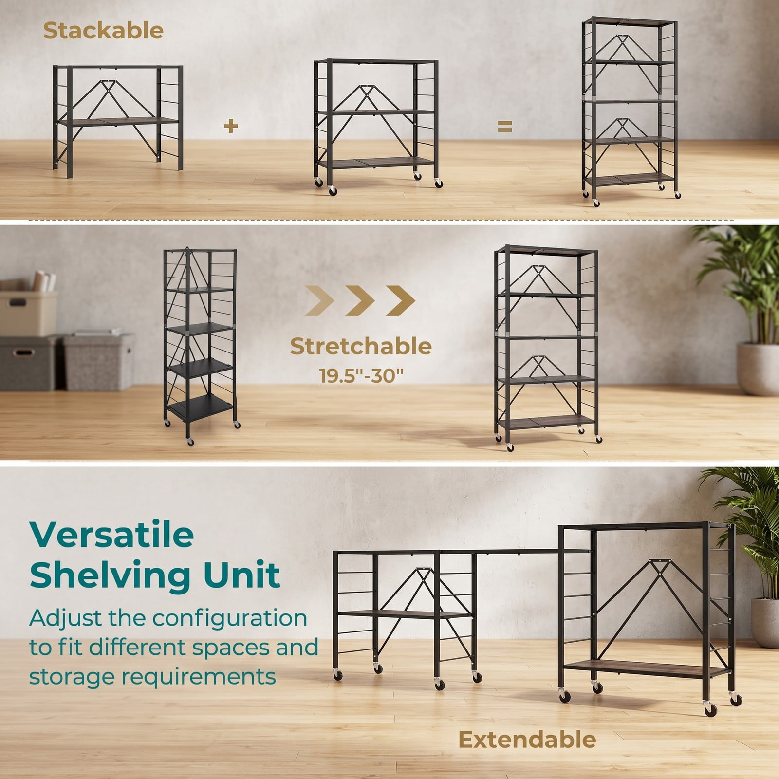 Furnibear 5-Tier Foldable Storage Shelf with Wheels, Adjustable Extendable Metal Utility Rack for Kitchen Living Room Study Tool Room, Rolling Storage Organizer, Black