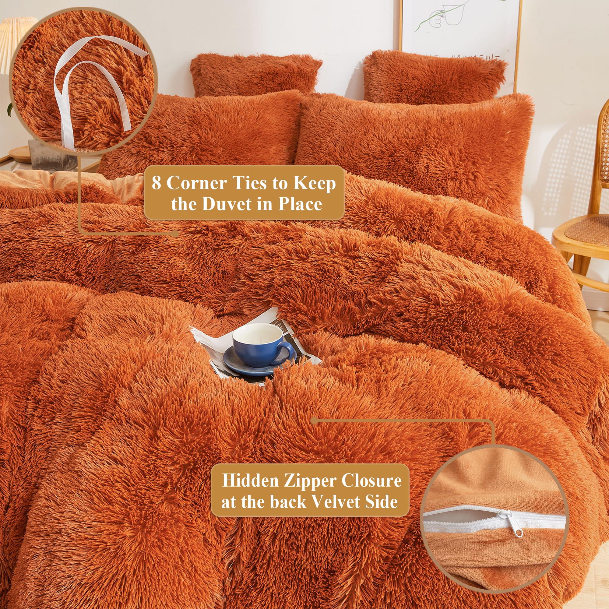 XeGe 2 Piece Fluffy Faux Fur Duvet Cover Set Twin, Luxury Ultra Soft Velvet Shaggy Plush Bedding Set, Fuzzy Comforter Cover with 1 Furry Pillowcase, Zipper Closure, Twin Size, Burnt Orange