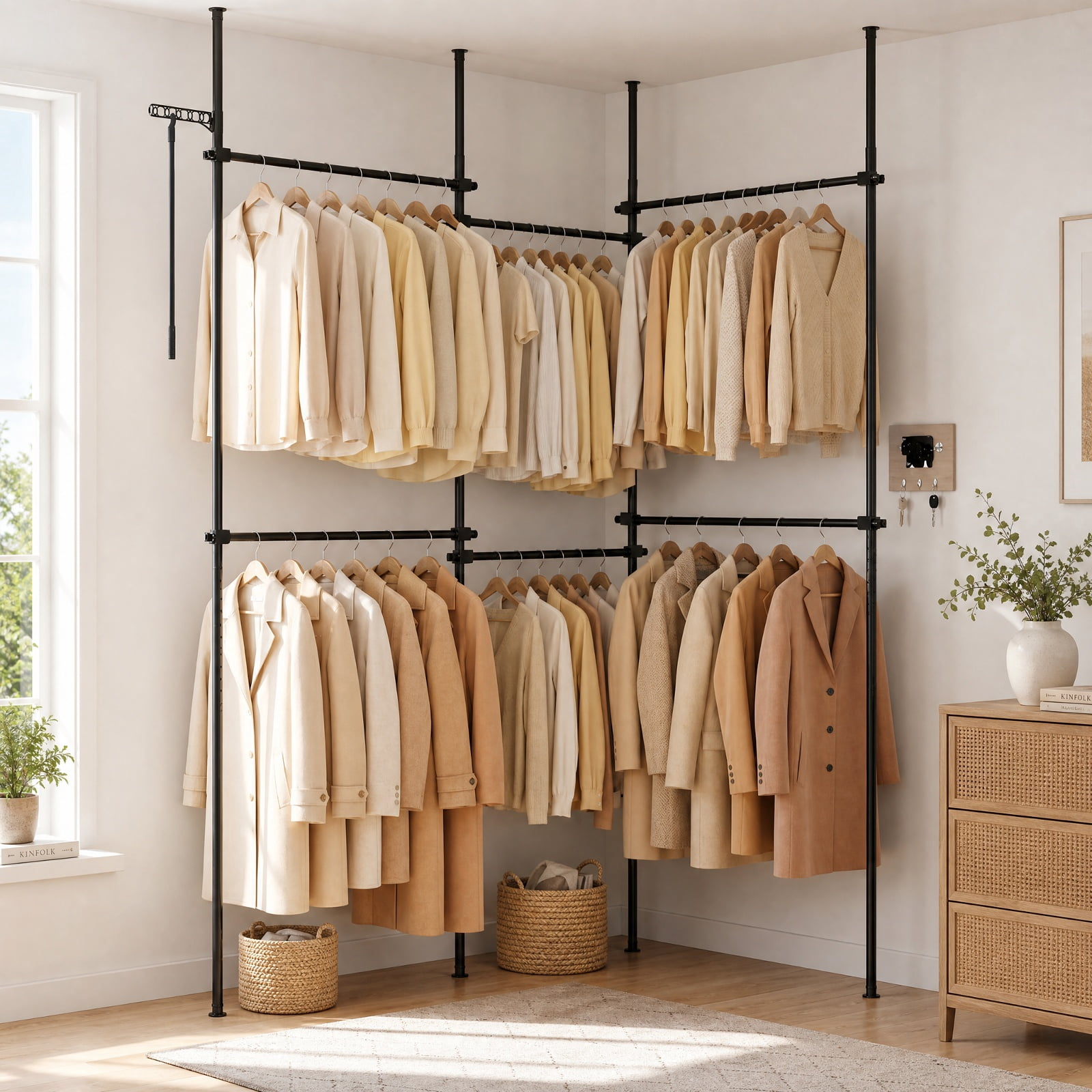 Furnibear Adjustable Floor to Ceiling Clothes Rack with 6 Hanging Rods Telescoping Heavy Duty Garment Organizer for Closet Boutique, Black