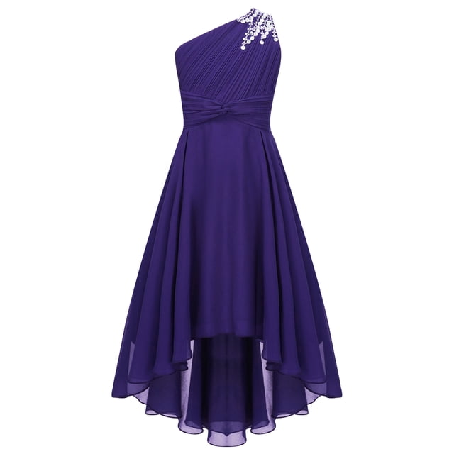 RUNQHUI Robe en Mousseline Brillante à une Épaule pour Enfants, Robe de Demoiselle d'Honneur pour Fillettes, Robe de Mariage, de Fête Formelle, de Bal, Violet 12
