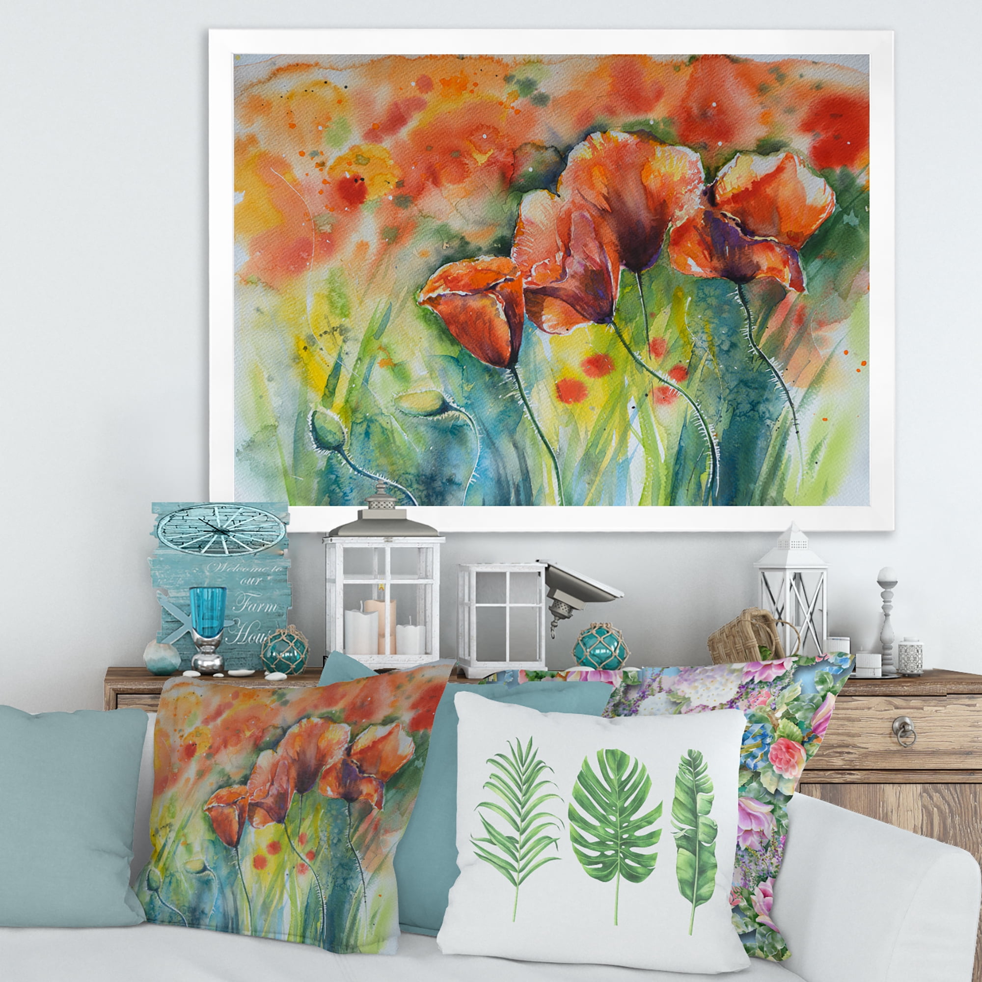 Designart 'Red Blossoming Poppies Over Wild Green IV' Traditional Framed Art Print