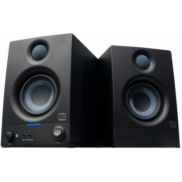 PreSonus ERIS-3.5BT 3.5-inch active media reference monitors with Bluetooth, shown as a pair in a front-facing view. The compact black speakers feature a sleek design with blue woven composite woofers and a front-panel control interface, including volume, aux input, headphone jack, and power button. Ideal for music production, gaming, and content creation, these monitors offer Bluetooth 5.0 connectivity, rear-panel TRS and RCA inputs, and 50W Class AB power for clear, studio-quality sound.