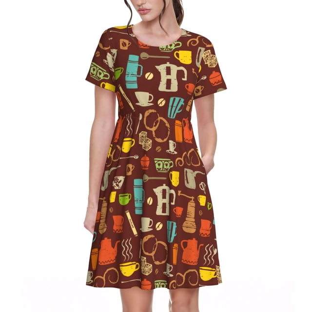 Fotbe Retro Coffee Vestido Largo de Moda para Mujer, Vestido Tipo Camiseta con Manga Corta y Estilo Casual a Rayas y Bloques de Color