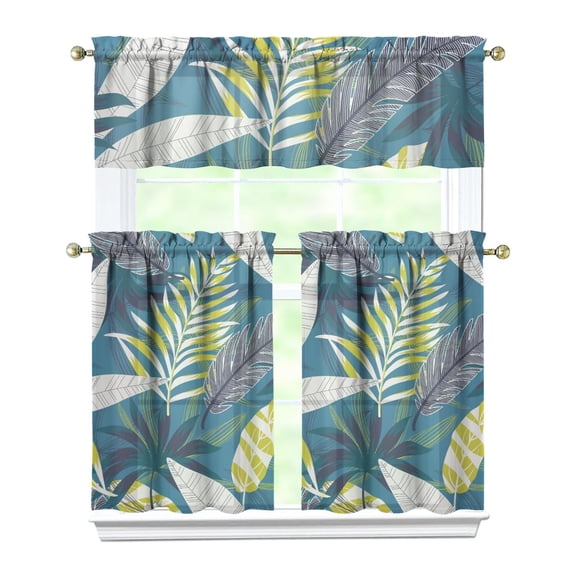 Kitchen Curtains 36 Inch Short - 3 Panel Set, Rod Pocket Window Curtain with Tropical Leaf Botanical Print, 100% Polyester for Farmhouse, Cafe, Kitchen, Bedroom, Easy Wash