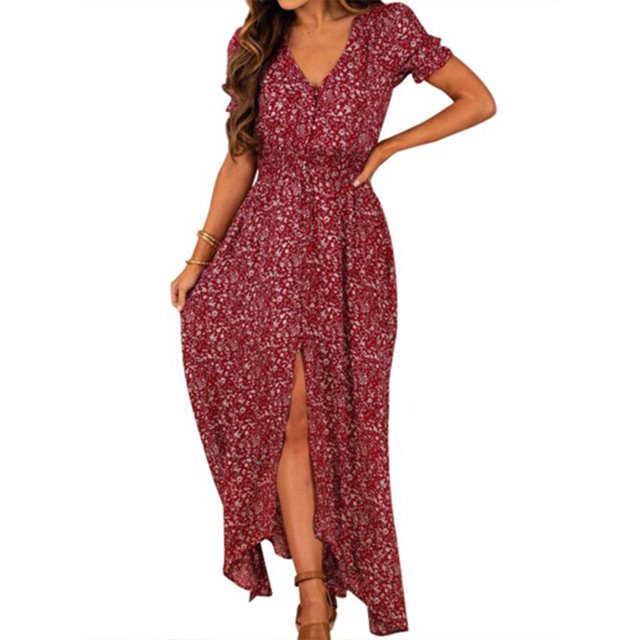 Robe Femme Imprimée Col en V Manches Courtes Maxi Robe Rose Foncé L