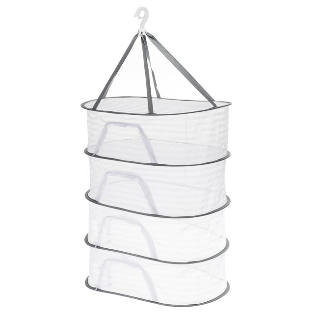 Unique Bargains Folded Mesh Clothes Hanging Dryer, 4-Tier Sweater Drying Rack in white. Made of polyester mesh and stainless steel, it measures 23.6 inches long, 15.7 inches wide, and 49.6 inches high when open. Features a plastic hook for hanging on standard shower rods. Compact and foldable for easy storage.
