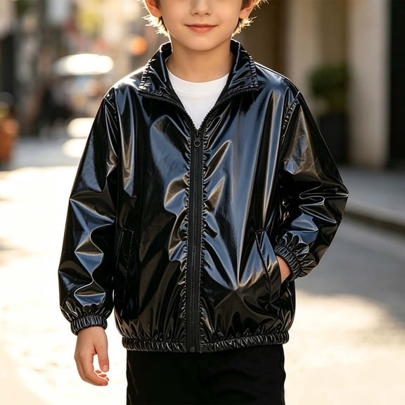 Unisex Kids Shiny Metallic Stand Collar Zip Jacket Boys Girls Windproof Fashion Coat with Pockets Spring Autumn Outerwear Black 10-11 Years