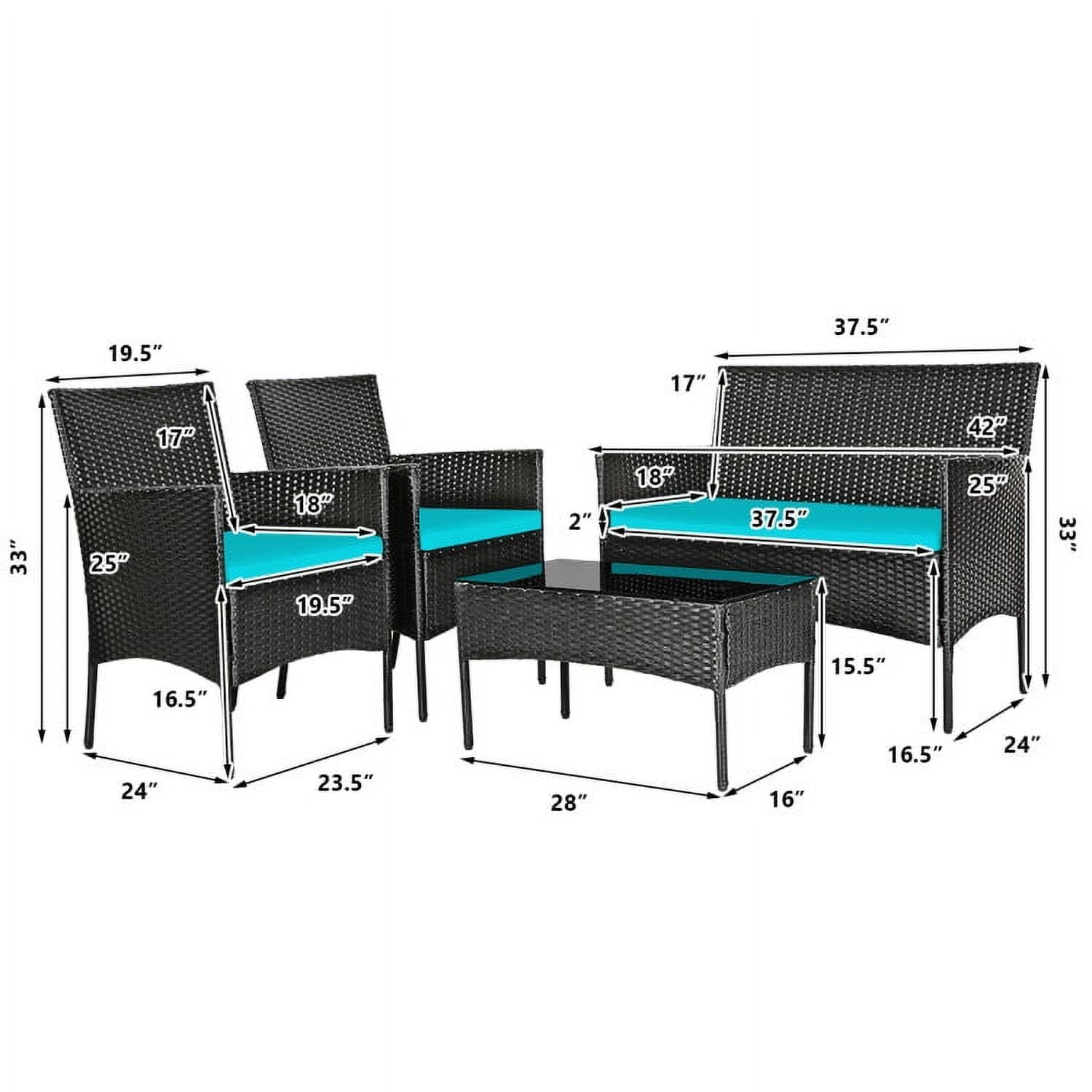 Aimee Lii 4 Pcs Patio Wicker Furniture Set, Cushioned Sofa Furniture, Small Patio Set, Turquoise Aimee Lii 4 Pcs Patio Wicker Furniture Set, Cushioned Sofa Furniture, Small Patio Set, Turquoise