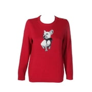 Charter Club Petite Red Grey Dog-Graphic Button-Detail Crew Neck Sweater PL