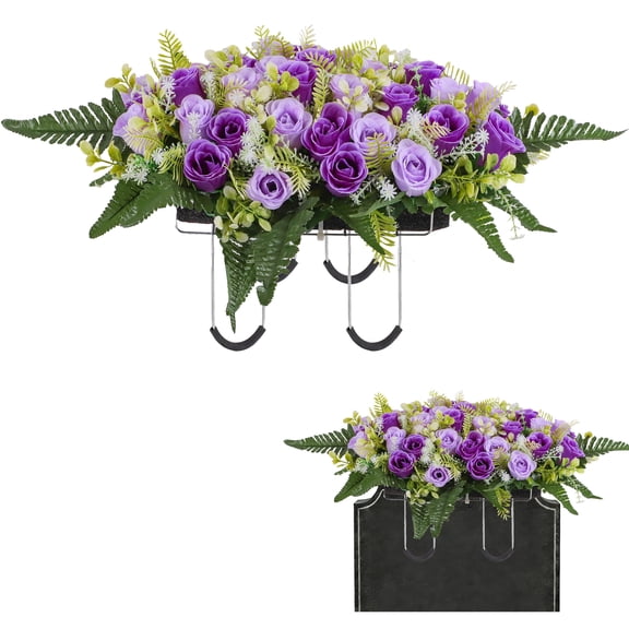 HKKDKTA Artificial Cemetery Flower Saddle for Headstones, Extra Large Silk Rose Bouquet,Memorial Flowers for Grave Decor,Outdoor Tombstones(Purple White)