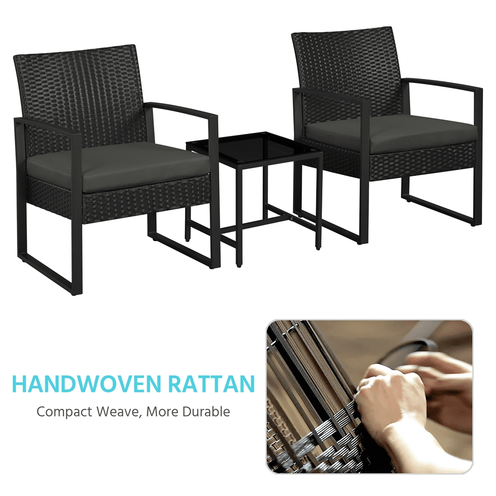 Renwick 3-Piece Patio Set Rattan Chairs & Table for Outdoor, Black/Gray