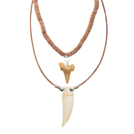 FROG SAC Genuine Shark Tooth and Tiger Tooth Horn Pendant Necklace Set for Men Boys - Handmade - Teeth Pendants on Leather Cord with Ox Bone and Horn Beads - Cool Surfer Hawaiian Beach Style