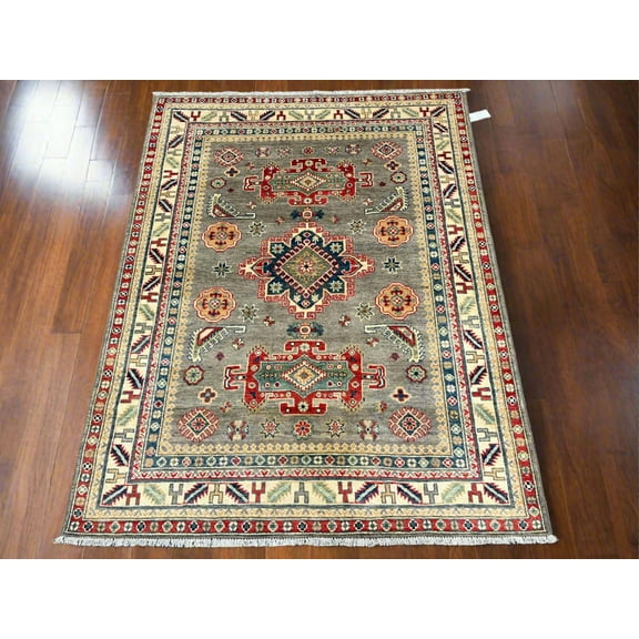 Gray/Beige Geometric Kazak 5X7 Handmade Wool Rug # 13831
