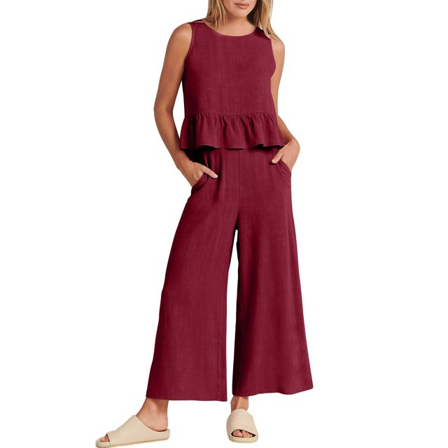 MSJUHEG Two Piece Outfits For Women Fall Outfits 2 Piece Solid Color Outfits Sleeveless Ruffle Tank Crop Top & Wide Leg Pants Set With Pockets Linen Pants Red S