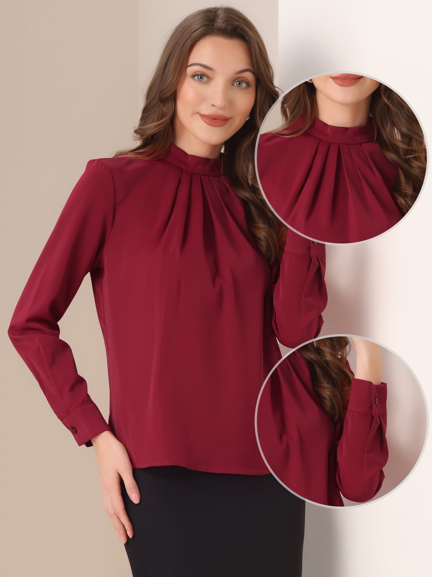 DARING DIVA Chiffon Blouse for Women's Long Sleeve Work Shirt XS Dark Red