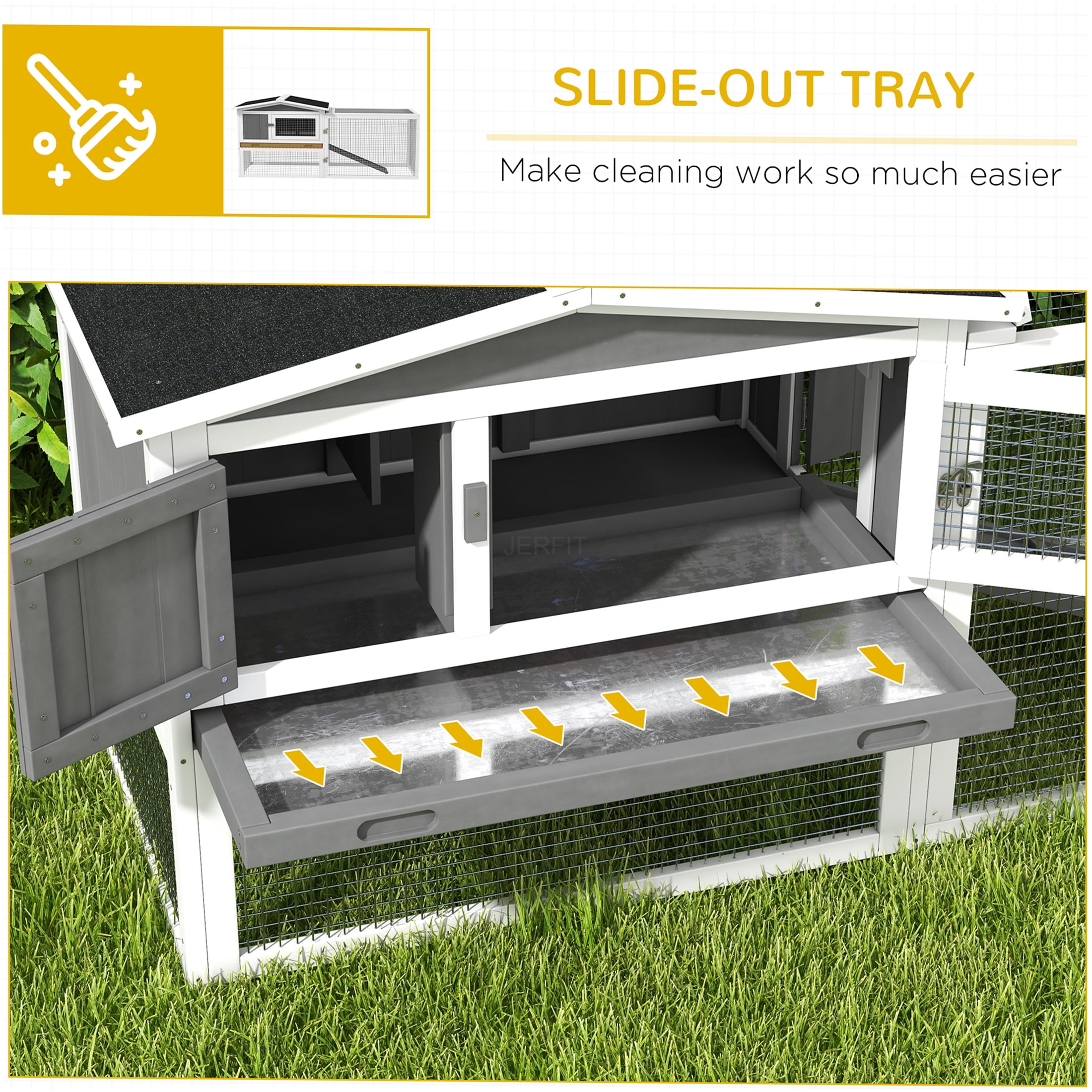 JERFIT 2-Story Outdoor Rabbit Hutch with Waterproof Asphalt Roof, Detachable Run & Slide-Out Tray, Large Wooden Bunny Cage House for Indoor Outdoor Use, Light Gray