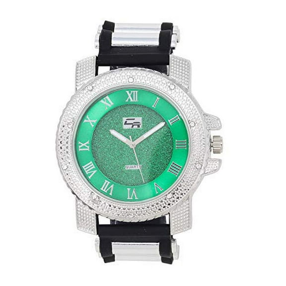 Iced Oversized Hip Hop Bullet Rubber Band Mens Watch, That Shows Your Lust for Life-GJM (GJM Glitter - Green - SLV - Black)