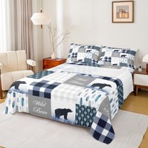 Manfei Kawaii Blue Buffalo Bed Sheets for Kids, Art Abstract Patchwork King Sheets, Rustic Farmhouse Bear Sheet Set, Luxury Bedroom Decor, 4 Pieces