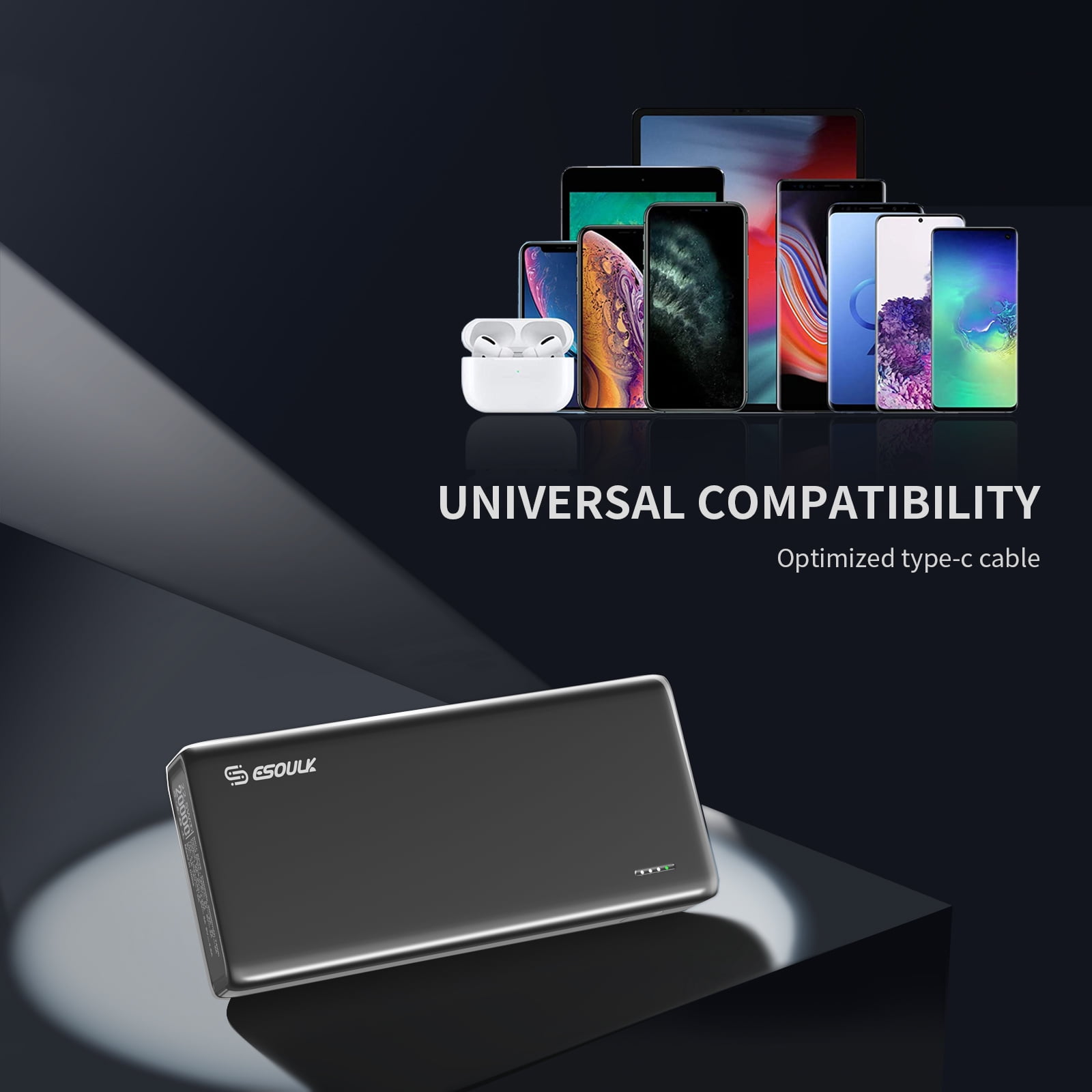 Esoulk 20000mAh PD 20W QC 22.5W Power Bank, Black Portable Charger
