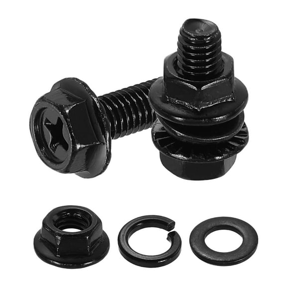 M5 x 14mm 10Pcs Phillips Flanged Hex Bolts with Nuts, Flat & Lock Washers, Black