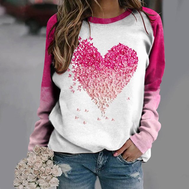 T-shirt de la Saint-Valentin pour Femmes 2024, Chandails à Col Rond, T-Shirts Décontractés avec Cœur, T-Shirts Graphiques Amples à Manches Longues, Chandails à Enfiler, Hauts Mode pour les Fêtes, T-Shirt