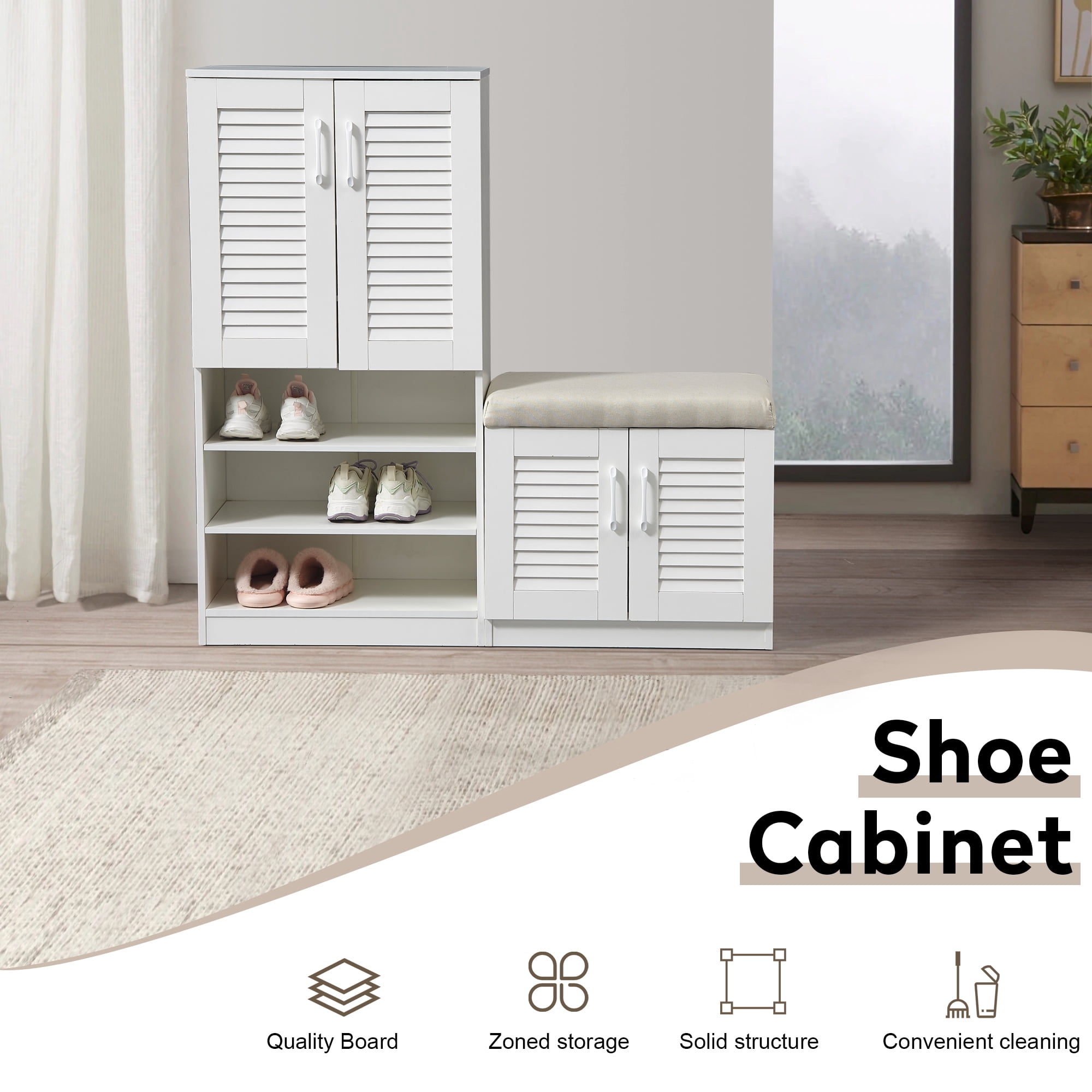 Aukfa Shoe Storage Cabinet with Cushion Bench, Shoe Bench Freestanding Shoe Rack for Mudroom, Hallway,White