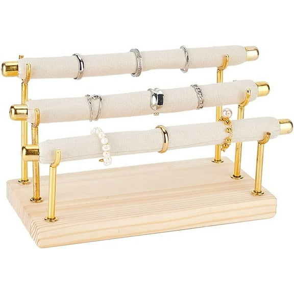 3-Tier Rings Display Holder Detachable Beige Velvet Finger Ring Display Risers with Iron Bars and Wood Base Jewelry Ring Display Stand Ring Organizer for Home, Retail, Photography Prop