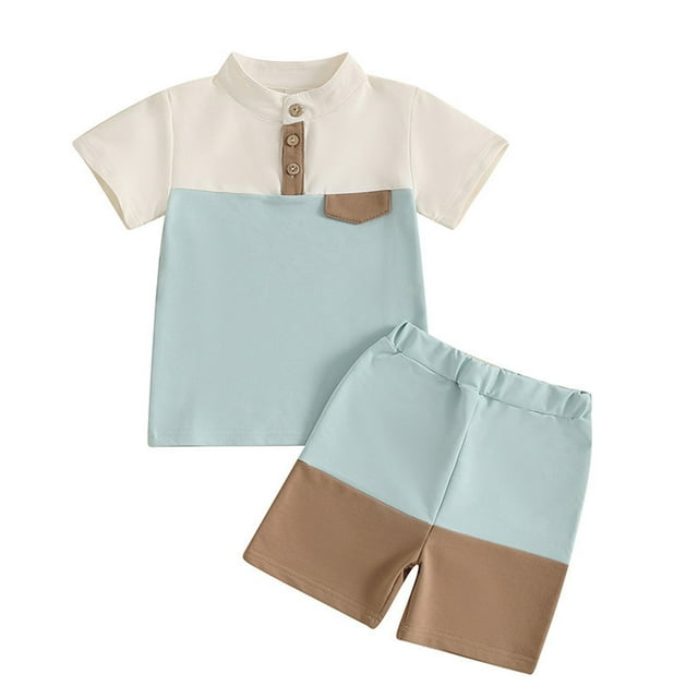 Zpanxa Summer Outfits for Girls Solid Color Stand Collar Color Block Short Sleeve Top and Shorts Set 4 Years