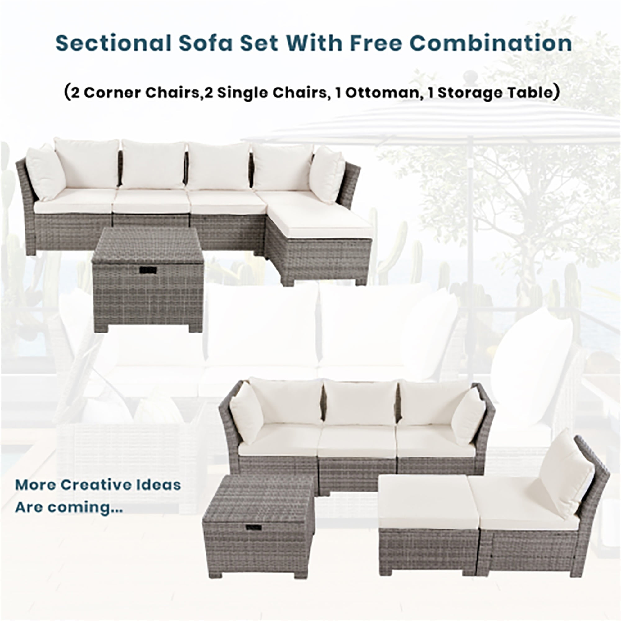 Kadyn 6-Piece Outdoor Sofa Set, PE Wicker Rattan Sofa with 2 Corner Chairs, 2 Single Chairs, 1 Ottoman and 1 Storage Table, All-weather Conversational Furniture, Beige