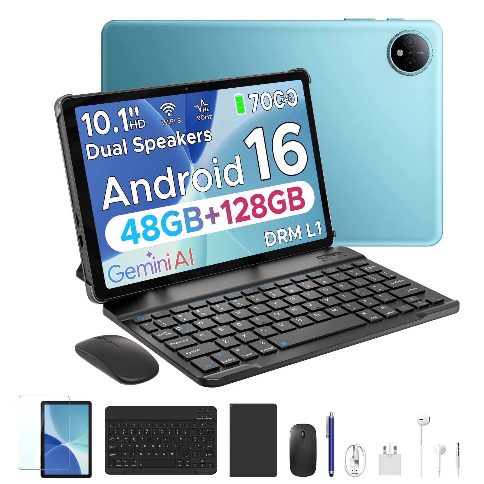 POCKAM P10 10.1 inch Tablet, 48GB RAM+128GB ROM, Android 16 Tablet with Gemini AI, 7000mAh, Unisoc T310 Quad-Core, 90Hz, 8MP+5MP, Dual Speakers, Headphone, Tablet with Keyboard, Pen, Case