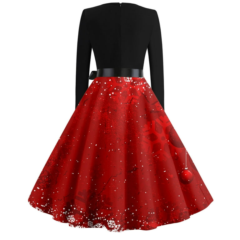 Women's Vintage Christmas Dress Long Sleeve Snowflake Print Swing