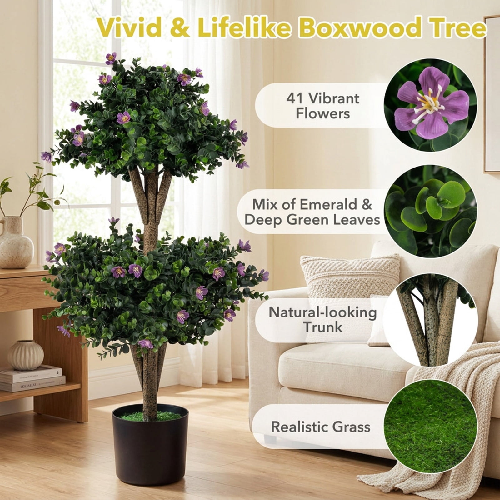 Vebreda Artificial Plant Decor, 2 Pack 36" Artificial Double Ball Boxwood Topiary Tree with 41 Blossoms, Vivid and Lifelike Boxwood Tree