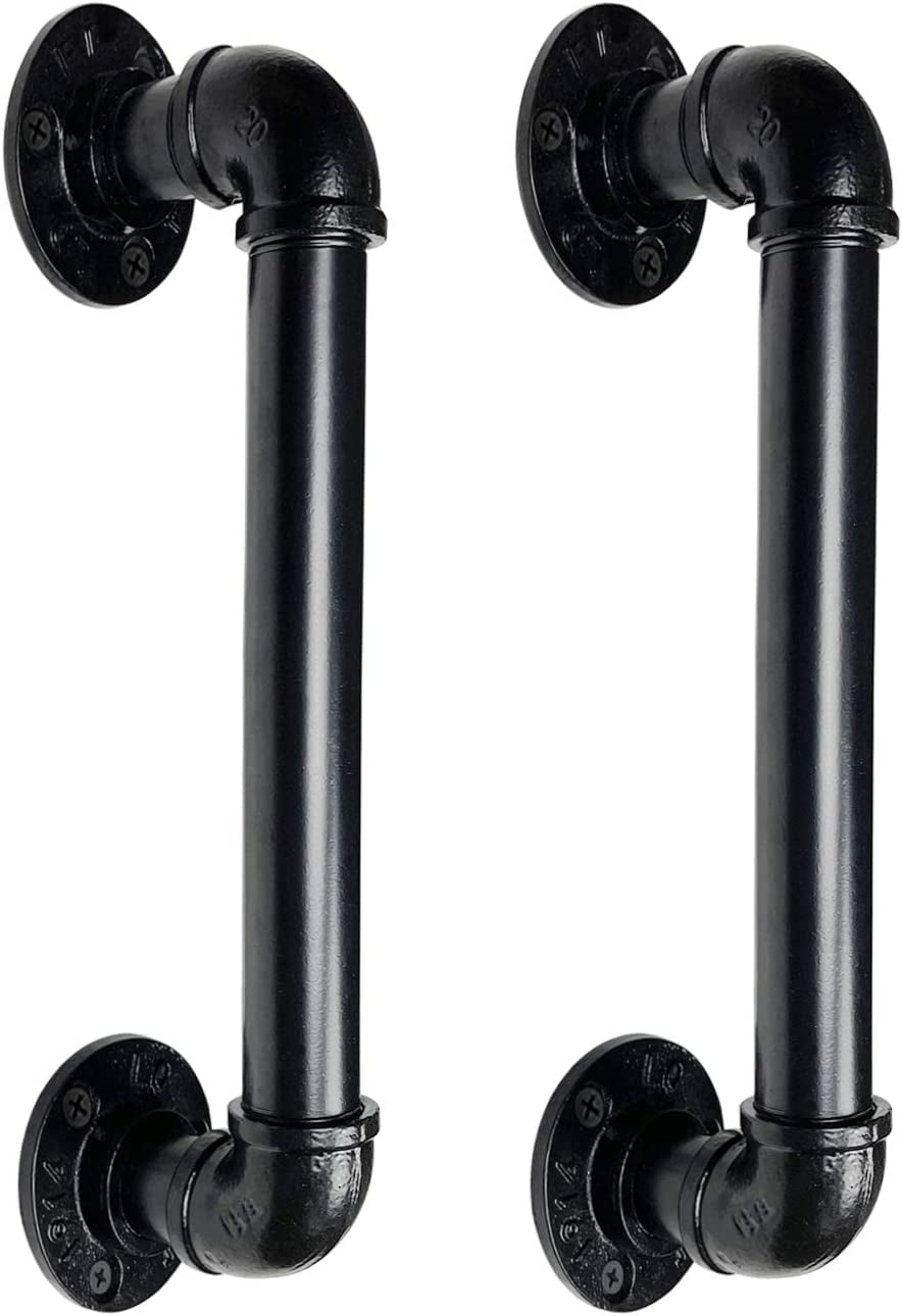 Industrial Pipe Door Pull Handle 2pcs 12”, Black Rustic Industrial Grab Bar, Towel Bar, Antique Rustic Cast Iron Handrail for Stairs, Gate, Garage