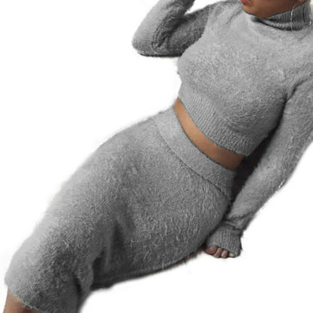 Women's 2pcs Long Sleeve Crop Tops Sweater Jumper + Bodycon Skirt Dress
