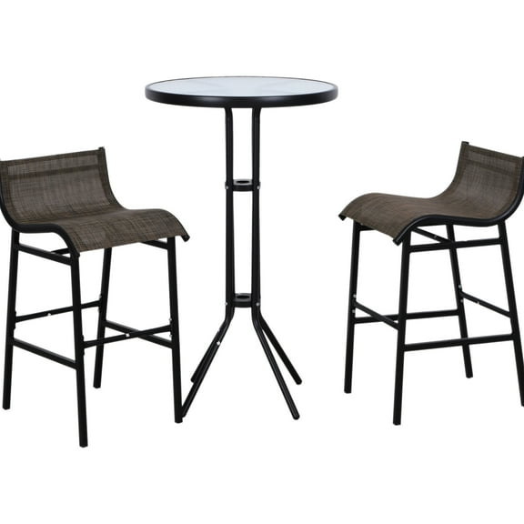Tan 3 Piece Bar Height Outdoor Bistro Furniture . A Round Patio Pub Table And 2 Chairs. All-weather Option For Backyards, Yards. Comfortable Seating With Mesh. Tempered Glass Top Cleanliness.