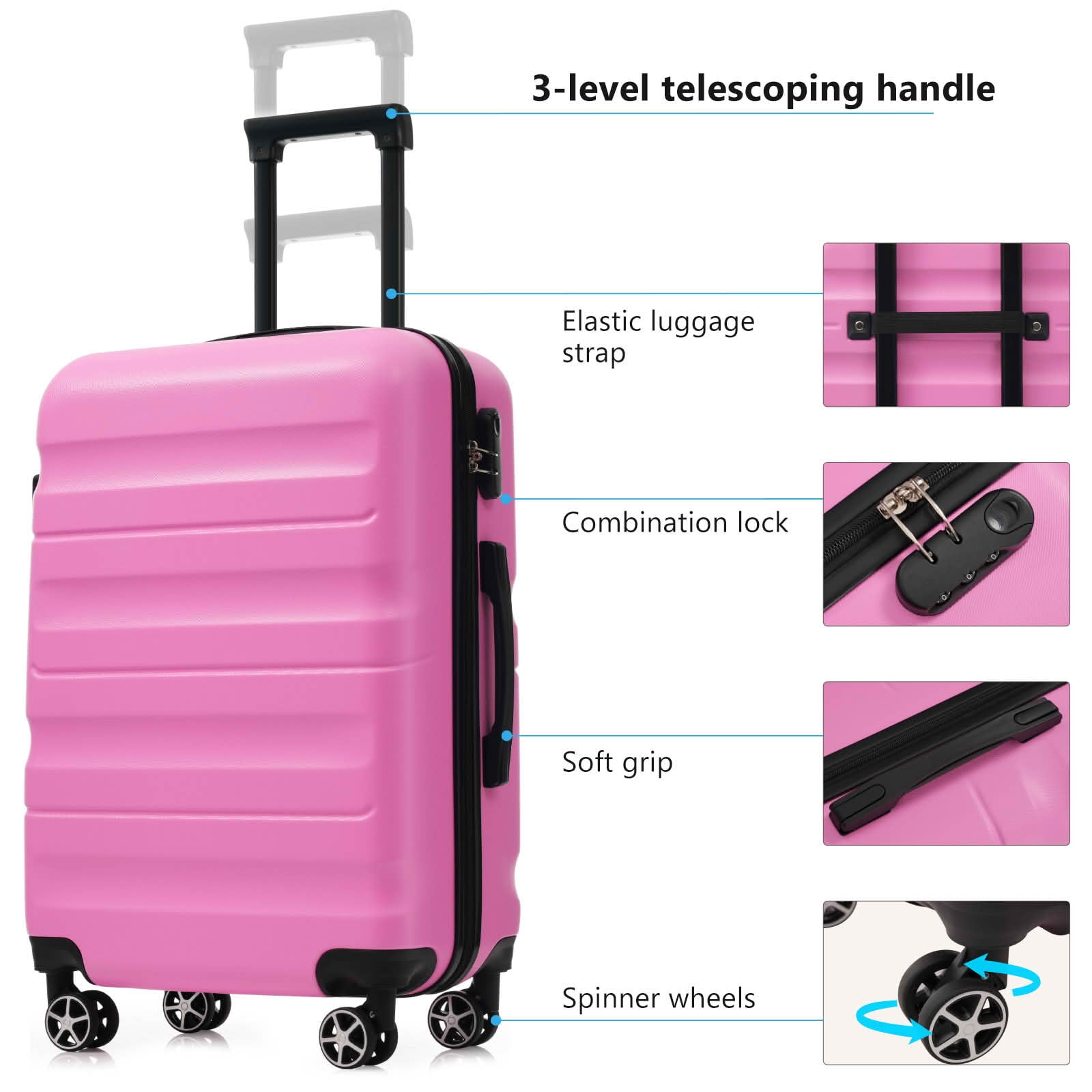 MAYEERTY 6 Piece Hardshell Luggage, Lightweight ABS Suitcases with Spinner Wheels, TSA Lock and Side Hooks for Short and Long Trips