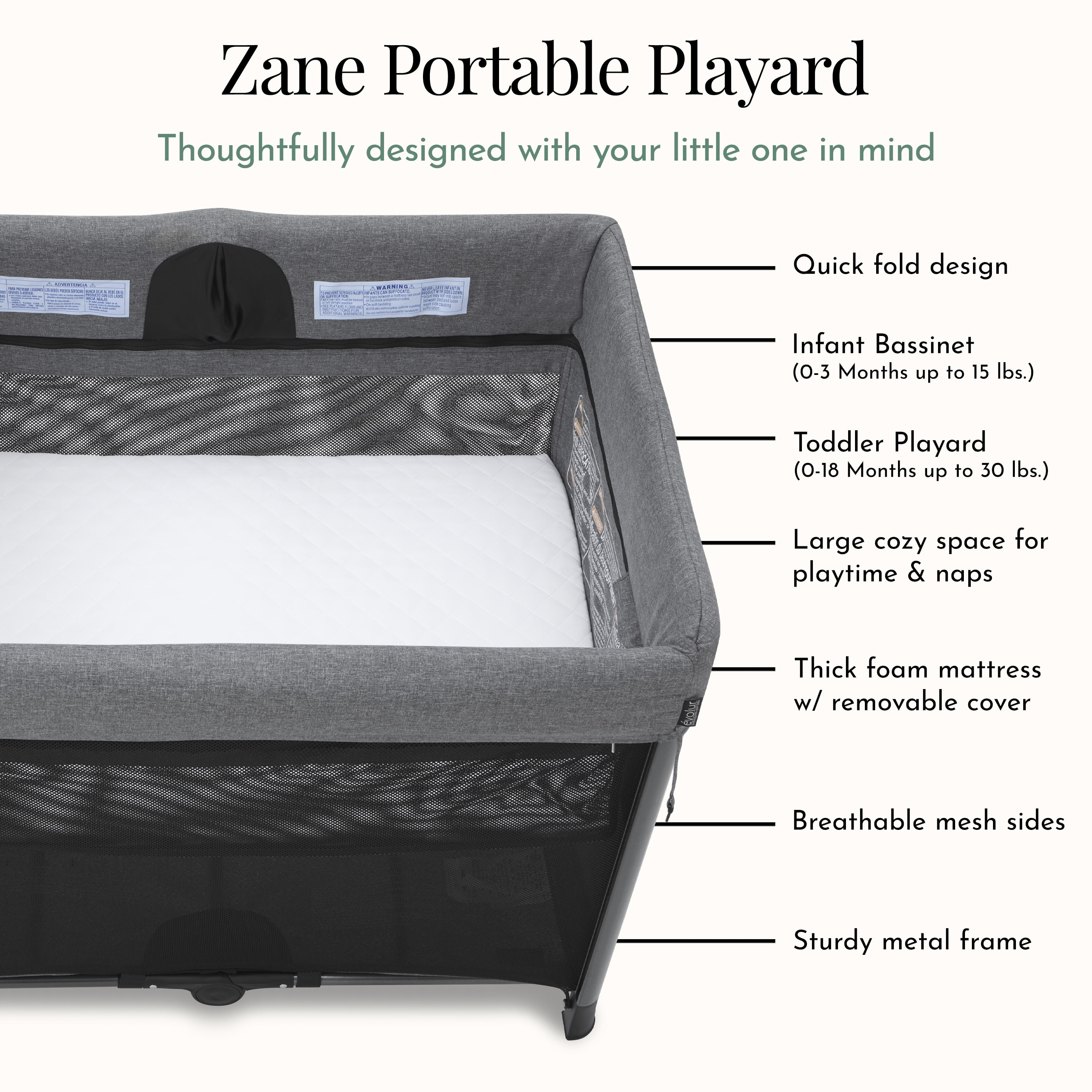 Evolur Zane Portable Playard with Bassinet Gray, Quick and Easy to Fold Baby Playard, Includes Thick Foam Mattress Pad with Removable & Washable Cover