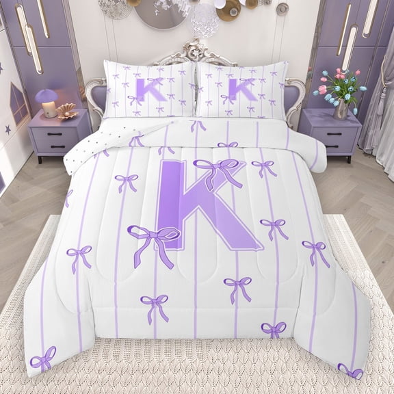 Castle Fairy Teens Boys Girls Bowknot Personalized Initial K 2Pcs Bedding Comforter Set,Purple Geometric Stripes Twin Comforter Sets,Dreamy Princess Breathable Bedding Set,Microfiber Bedroom Decor