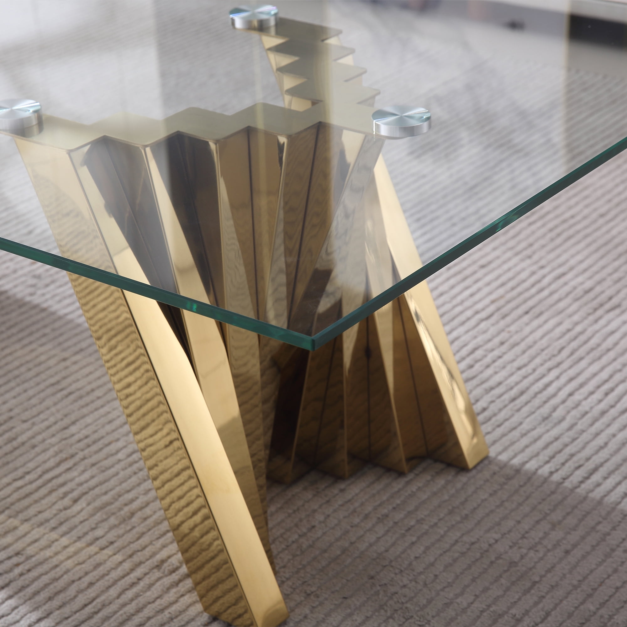 51" Glass Coffee Table with Rectangular Tempered Glass Top & Flash-Shaped Irregular Stainless Steel Base, Central Table, Cocktail Table, Tea Table for Living Room, Office.
