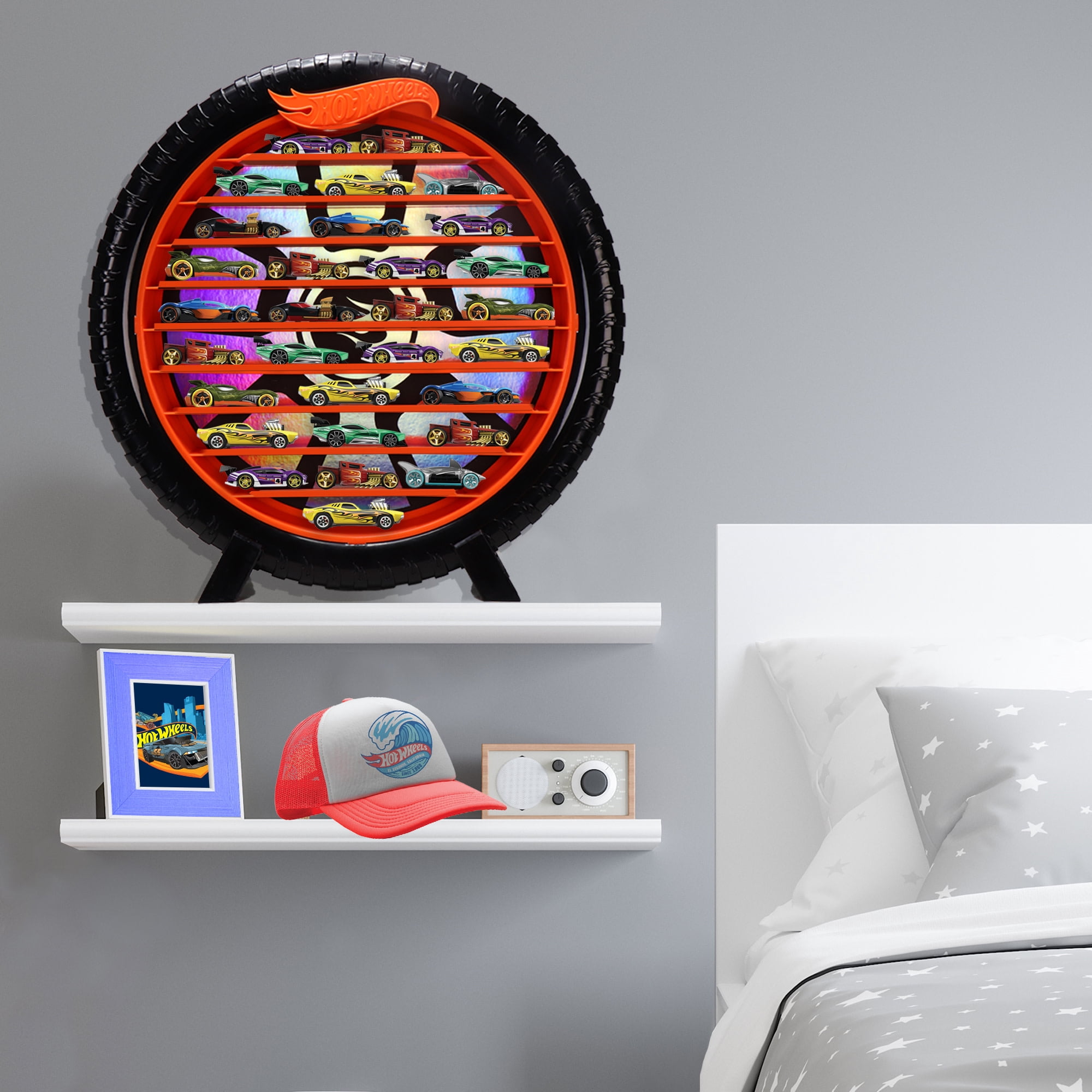 Tara Toy: Hot Wheels: Collectors Display Case - Holds 30 Cars, Wall or Desktop Display, Die-Cast Toy Cars Storage, Wheel With Orange Shelves, Kids 3+
