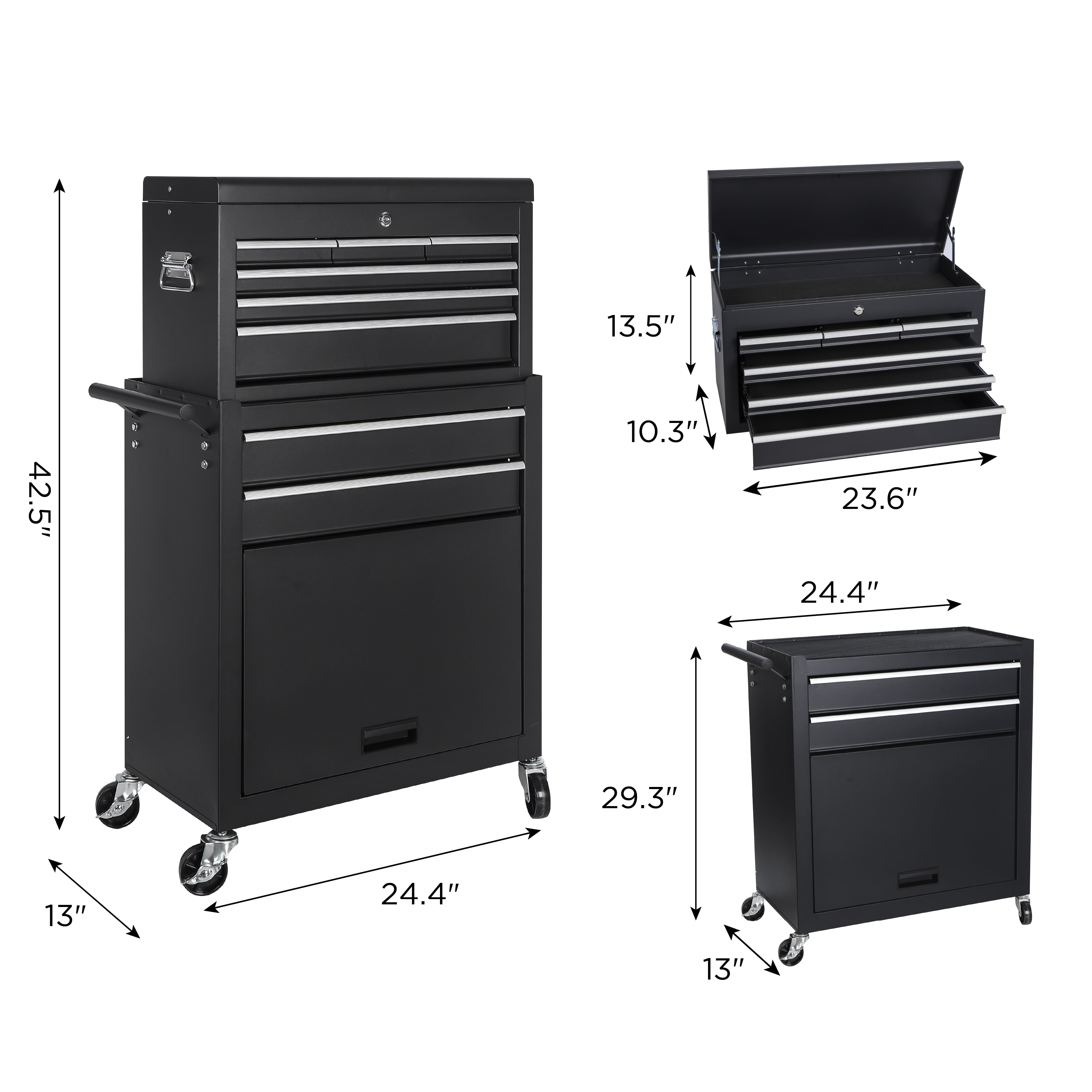 8-Drawer Rolling Tool Chest,Metal Tool Storage Cabinet with Detachable 2-in-1 Top Tool Box,Lockable Casters, Side Hooks, Lockable Drawers with Liners, Mobile Tool Cart for Garage, Workshop,Black