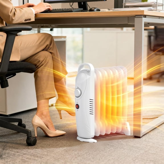 Oil Filled Radiator , Electric Oil Radiant  Under Desk, 700W Heat Up & Overheat Protection, Portable Space  for Bedroom Office Indoor Use, White