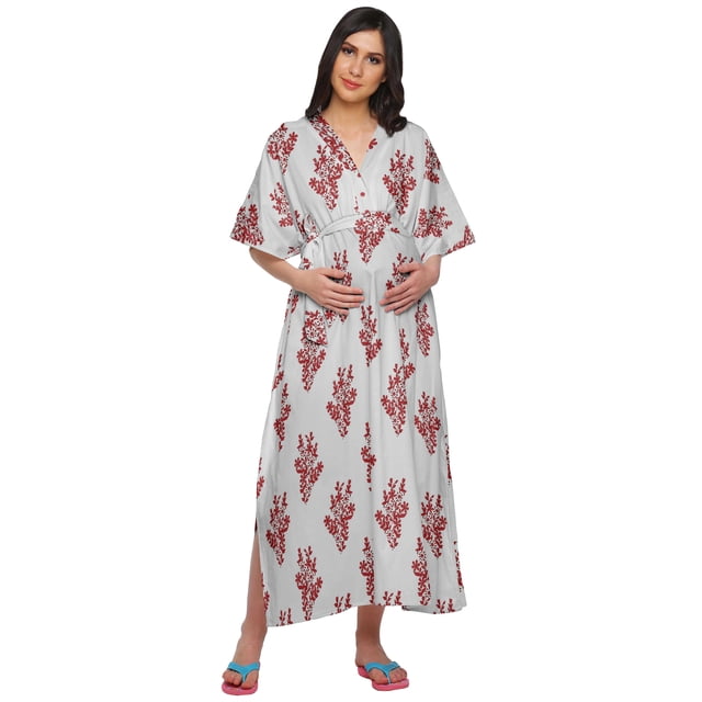Moomaya Robe Kaftan d'Été pour Femmes en Coton à Boutons, Manches Kimono, Maternité