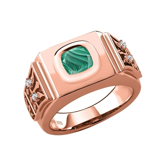 Gem Stone King 3.04 Ct Cushion Green Malachite 18K Rose Gold Plated Silver Men's Ring (Size 8)