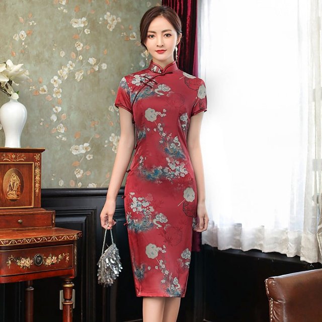 Cheongsam de satén de doble forro para primavera y verano, ajustado, adelgazante, de talla grande, para mujer, para banquetes y espectáculos