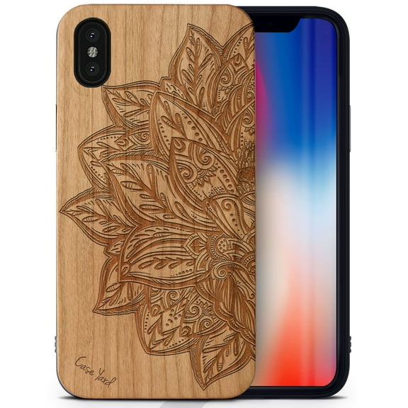 Case Yard Wooden Case Outside Soft TPU Silicone, Slim Fit Shockproof Wood Protective Phone Cover for Girls Boys Men and Women, Supports Wireless Charging Lotus Flower Design case for iPhone-XS-Max